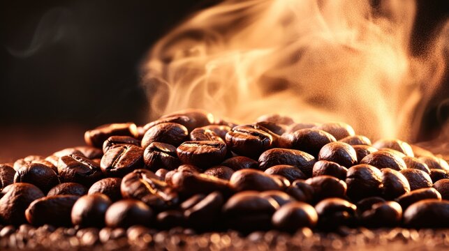 Macro Shot of Coffee Beans with Soft Steam Rising in Background