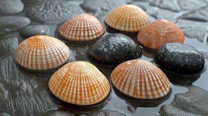 Seashells and stones arranged in a wet surface