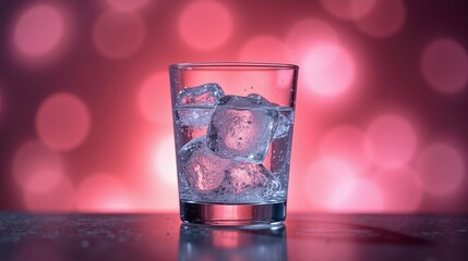 A glass filled with ice cubes against a radiant, bokeh-lit backdrop.