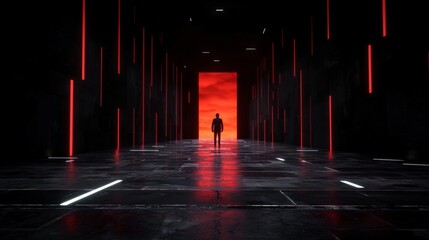 Futuristic Corridor  Man at Red Doorway  Dark Sci Fi Scene