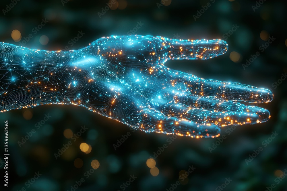 Wall mural futuristic digital rendering of a glowing technological network hand