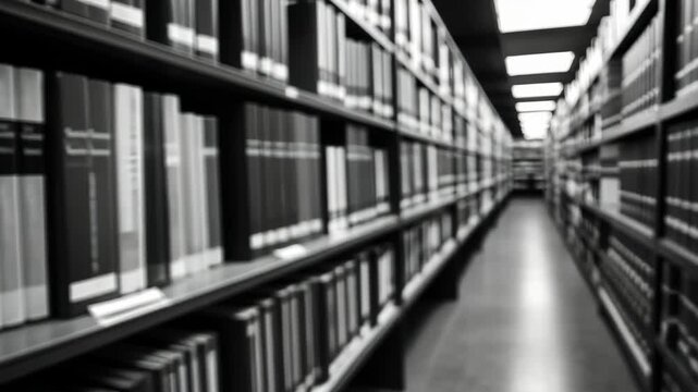 Monochrome view of library shelves filled with books in perspective International Public Domain Day