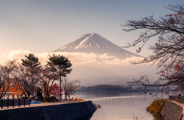 Fuji-san with cloudy in autumn garden at Kawaguchiko lake