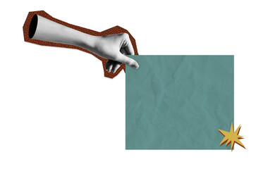Hand holding a speech bubbles. Social media communication. Collage contemporary art isolated Halftone design. For creative ideas, quote.