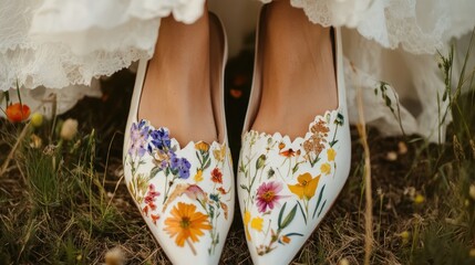 Floral adorned wedding shoes in a grassy field for unique bridal style