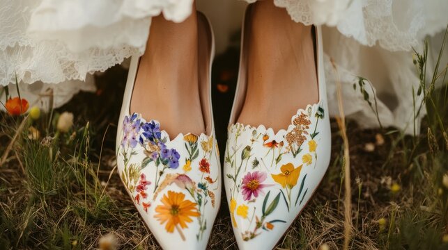 Floral adorned wedding shoes in a grassy field for unique bridal style
