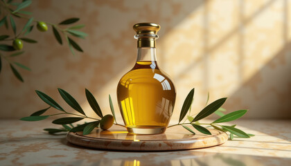 Olive oil bottle with olives on marble surface in natural light