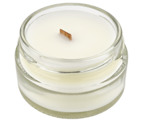 Aroma candle with wooden wick in a glass jar isolated on a transparent background. Completely in focus. Full depth of field. PNG.
