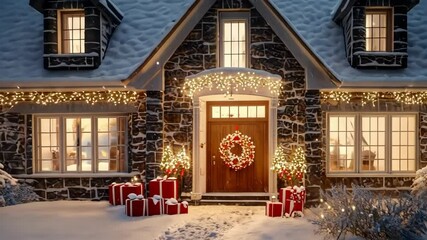 Cozy snow-covered cottage at twilight with festive lights and gifts. First-Foot Day