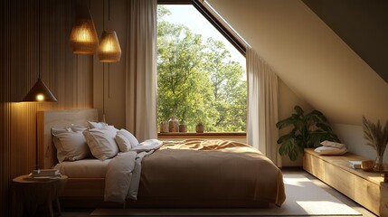 Fototapeta premium Charming attic bedroom with slanted ceilings, soft pendant lights creating a golden glow, a skylight overlooking the trees, a bed dressed in warm neutral tones 
