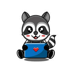 Cute Raccoon Working on Laptop with Heart Icon, Vector Illustration, Perfect for Technology and Love-Themed Designs