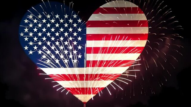 American flag heart with fireworks in celebration of independence day Happy 4th of July, Independence Day USA