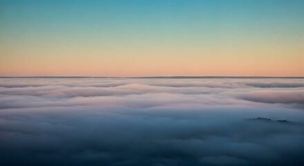 Obraz premium A serene, fog-covered scene with a gradient of sky blue to dusty rose, Ai Generated