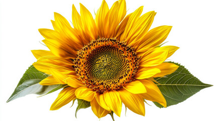 Naklejka premium Bright sunflower showcasing vibrant yellow petals and contrasting green leaves, perfect for summer gardens and floral arrangements