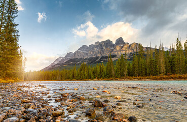 Sunrise on Castle mountain and bow river at Banff national park
