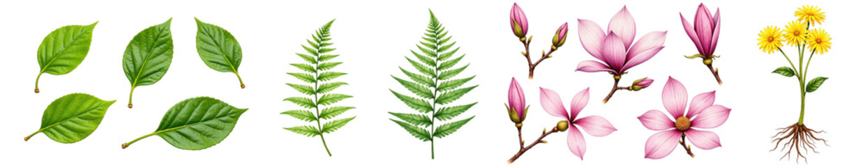 A Vibrant Collection of Diverse Botanical Leaves and Flowers Showcasing the Beauty of Nature in Various Shapes and Colors on a Dark Background