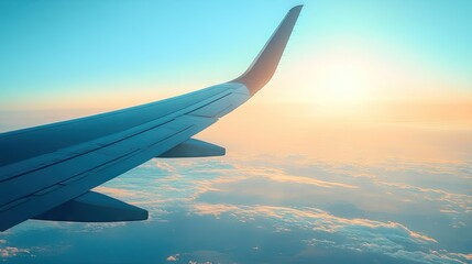 Fototapeta premium An airplane wing cutting through the vibrant blue sky, with sunlight reflecting off the metal surface.
