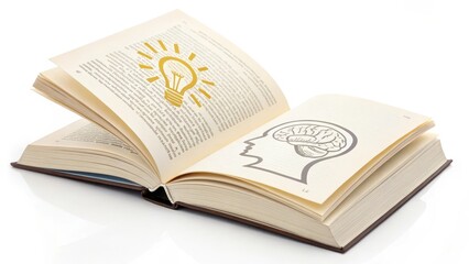 A conceptual book illustrating ideas and brain imagery, symbolizing knowledge and creativity.