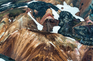 Landscape of volcanic mountain on geothermal in Icelandic Highlands on summer at Landmannalaugar