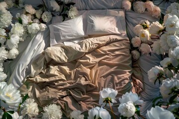 Cozy luxury bedding linen set with pink and white peonies surround