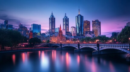 Fototapeta premium City skyline at night featuring iconic skyscrapers glowing with soft light, bridges illuminated over a quiet river, a gradient of dark blues and purples in the sky 
