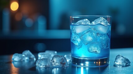 A glass filled with blue water and ice cubes sits on a reflective surface against a blurred background.