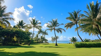 A beautiful beachside view with coconut trees swaying under a sunny blue sky.