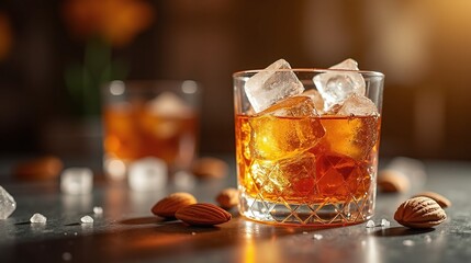 Refreshing amber beverage with ice, alongside scattered almonds.