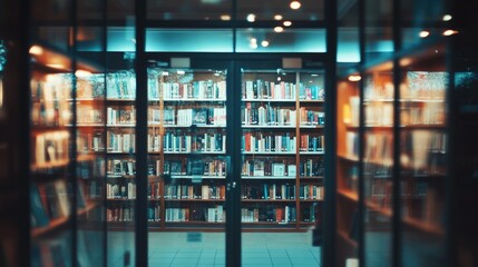 A blurred bookstore entrance, with glass doors revealing shelves filled with books inside.