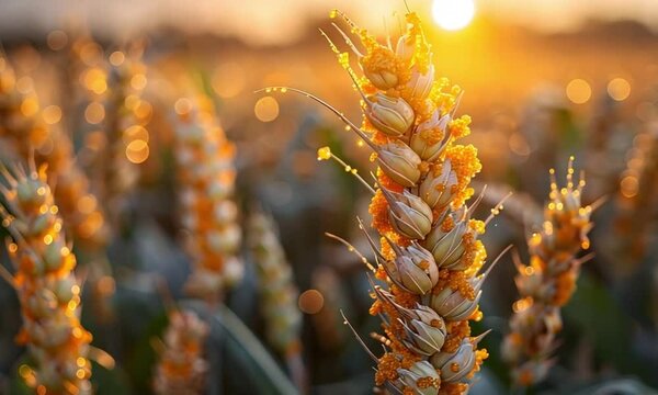 Wheat field affected by orange-brown fungal rust disease