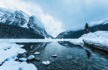 View of Frozen Lake Louise during winter in the dawn at Banff national park, Canada