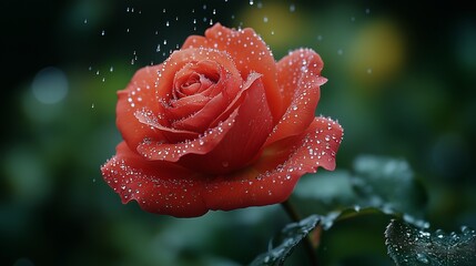 **Raindrops falling gently on a vibrant red rose, creating tiny beads of water on its petals with a blurred background of greenery.