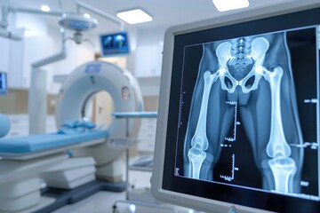 A medical monitor shows X-ray images of a person's leg and pelvis in a hospital. Modern high-tech medical equipment