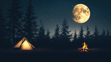 Fototapeta premium A camping tent under a full moon, with a silhouetted forest in the background and a small campfire nearby.