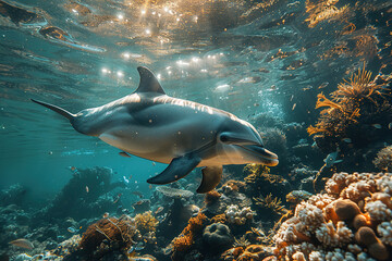 Obraz premium A dolphin gracefully swims near vibrant coral reef, sunlight streaming through clear water