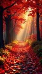 Golden sunlight filters through red-leaf-strewn path , november, rustic, pathway