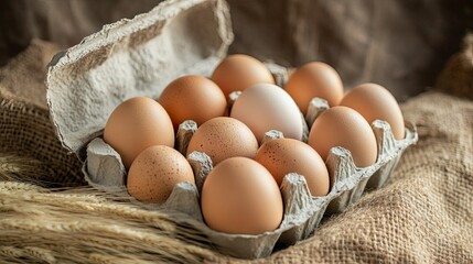 A carton of eggs placed on a wheat-covered burlap surface, giving a natural and organic farm feel.