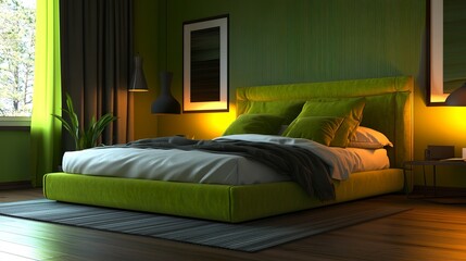 Contemporary bedroom with a velour lime olive bed, dark green accent wall creating contrast, wood parquet floors gleaming under warm light 