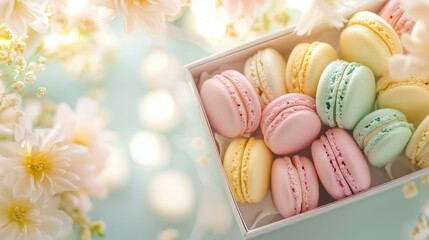A chic box filled with pastel macarons, beautifully arranged in shades of pink, yellow, and light green.