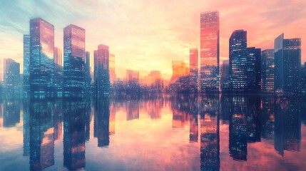 Fototapeta premium Contemporary cityscape featuring high-rise buildings with reflective facades, the pastel colors of a sunset blending seamlessly with their surfaces, calm water creating a perfect mirrored image 