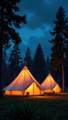 Illuminated canvas tents amidst towering trees , environment, still, relaxing