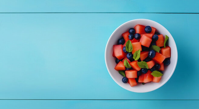 Salada refrescante de melancia e mirtilo com hortel&atilde; em uma tigela branca sobre uma mesa de madeira azul