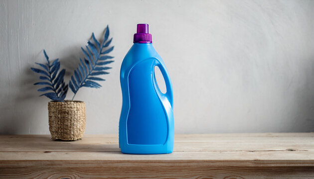 Blue plastic bottle of laundry detergent on wooden counter. Washing liquid. - Powered by Adobe