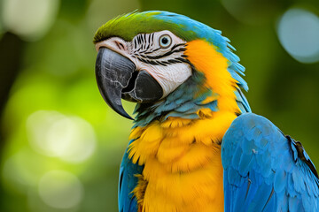 Obraz premium A close-up shot of a blue and yellow macaw's head and upper body, with a blurred green background.