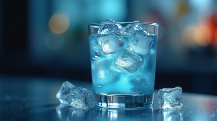 A glass filled with a blue liquid and ice cubes on a table.