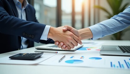 Business Partners Shaking Hands Over Financial Data