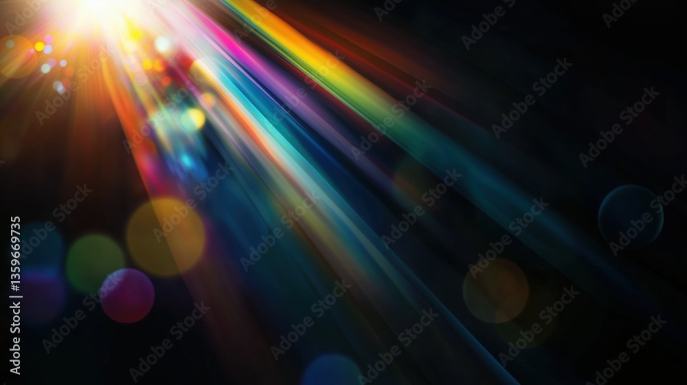 Poster Abstract background with vivid colorful lens flare and glowing bokeh lights on deep black backdrop. Vector art illustration with sharp high-resolution details, dynamic light effects, modern minimalist