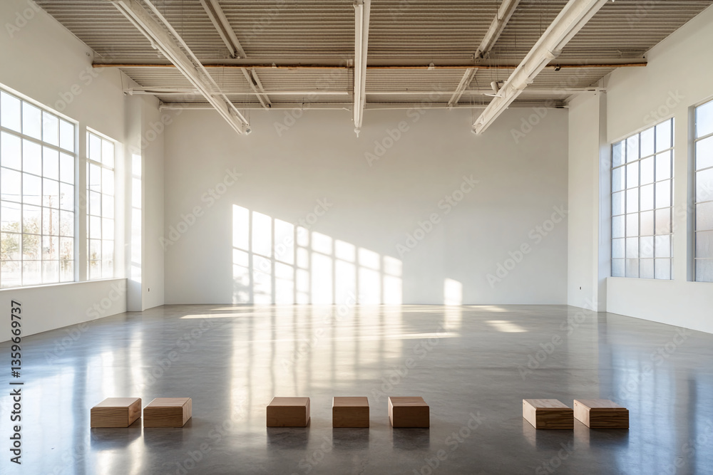 Poster Empty white gallery space with large windows, sunlight streaming in, and several small wooden blocks on polished floor. Showcase of minimalist modern architecture and design
