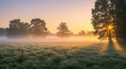 Fototapeta premium Scenic Sunrise Over Misty Forest with Golden Light