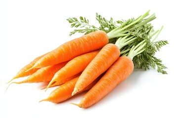 Fresh bunch of orange carrots with green stems on white background